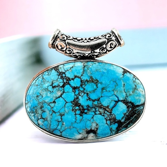 Healing Stones And Crystals Jewelry - Large Turquoise Silver 925 Handmade Statement Pendant Necklace